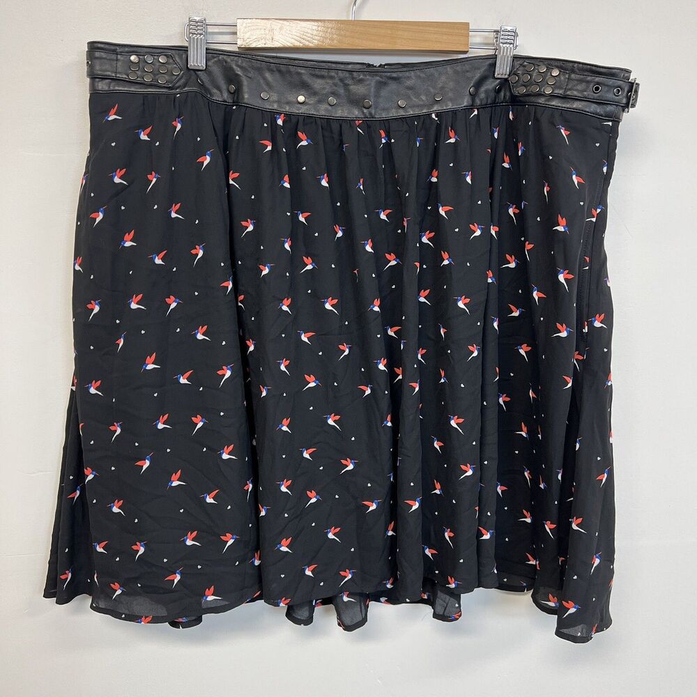 Torrid Plus 22 Skater Skirt Black Bird Print Studded Belt Y2K Goth Punk Alt